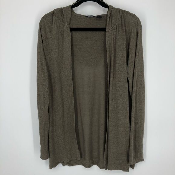 Tahari Linen Cardigan Womens Small Green Open Front Hooded Longline - Picture 1 of 11